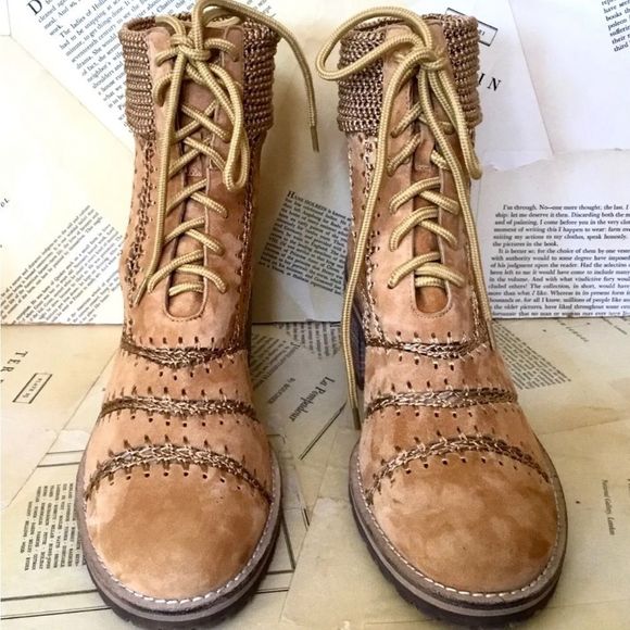 Anthropologie Silent D Bestie Bootie Honey Macramé Trim Lace Up Tan - Picture 8 of 12